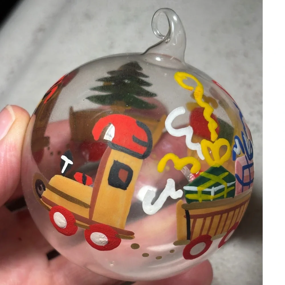 Vintage Handmade blown Christmas Train Ornament Hand Painted‎ Glass Whimsical